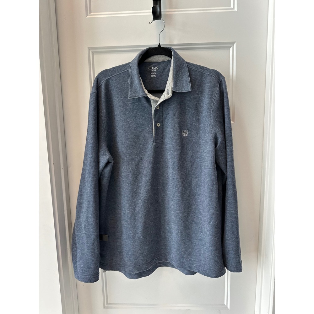 Chaps Ralph Lauren Mens Blue & Gray Long Sleeve Polo Shirt Size Medium